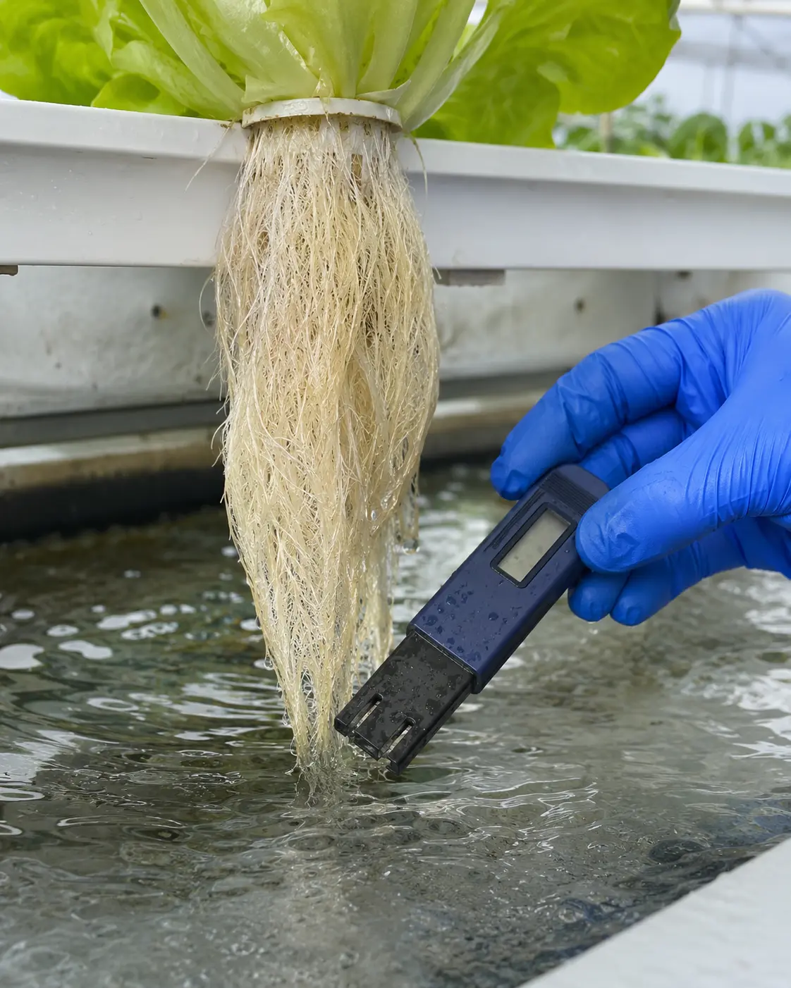Visual de concepto: raíces hidropónicas y sensor de agua